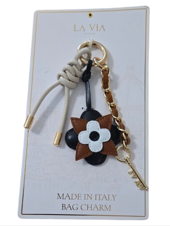 La Via Firenze Accessories - La Via Floral Leather Bag Charm in Brown, Black & White Made In Italy ~ NIP